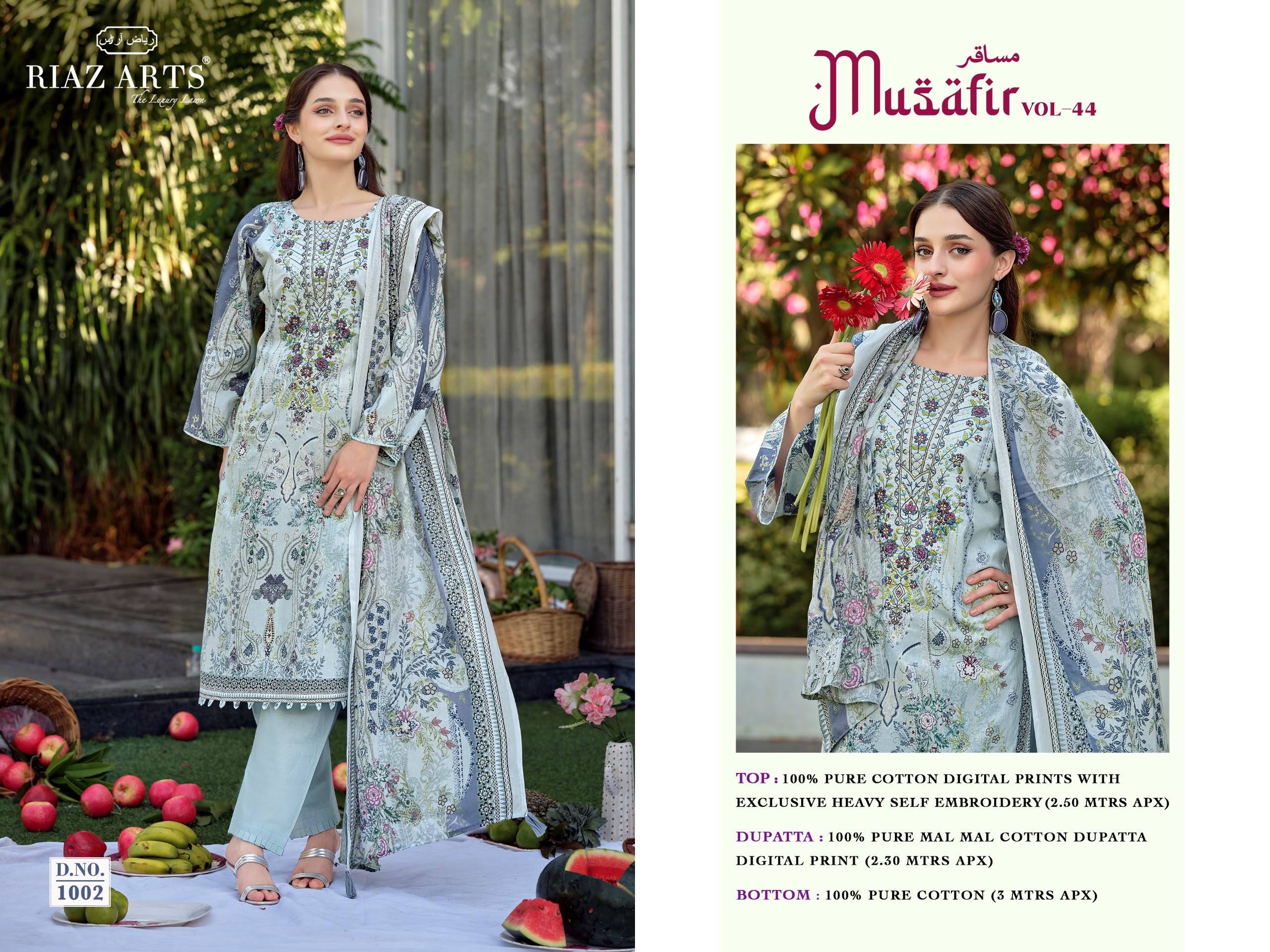 MUSAFIR VOL-44 By RIAZ ARTS 1001 To 1008 Series Beautiful Festive Suits Stylish Colorful Fancy Casual Wear Pure Cotton Dresses At Wholesale Price